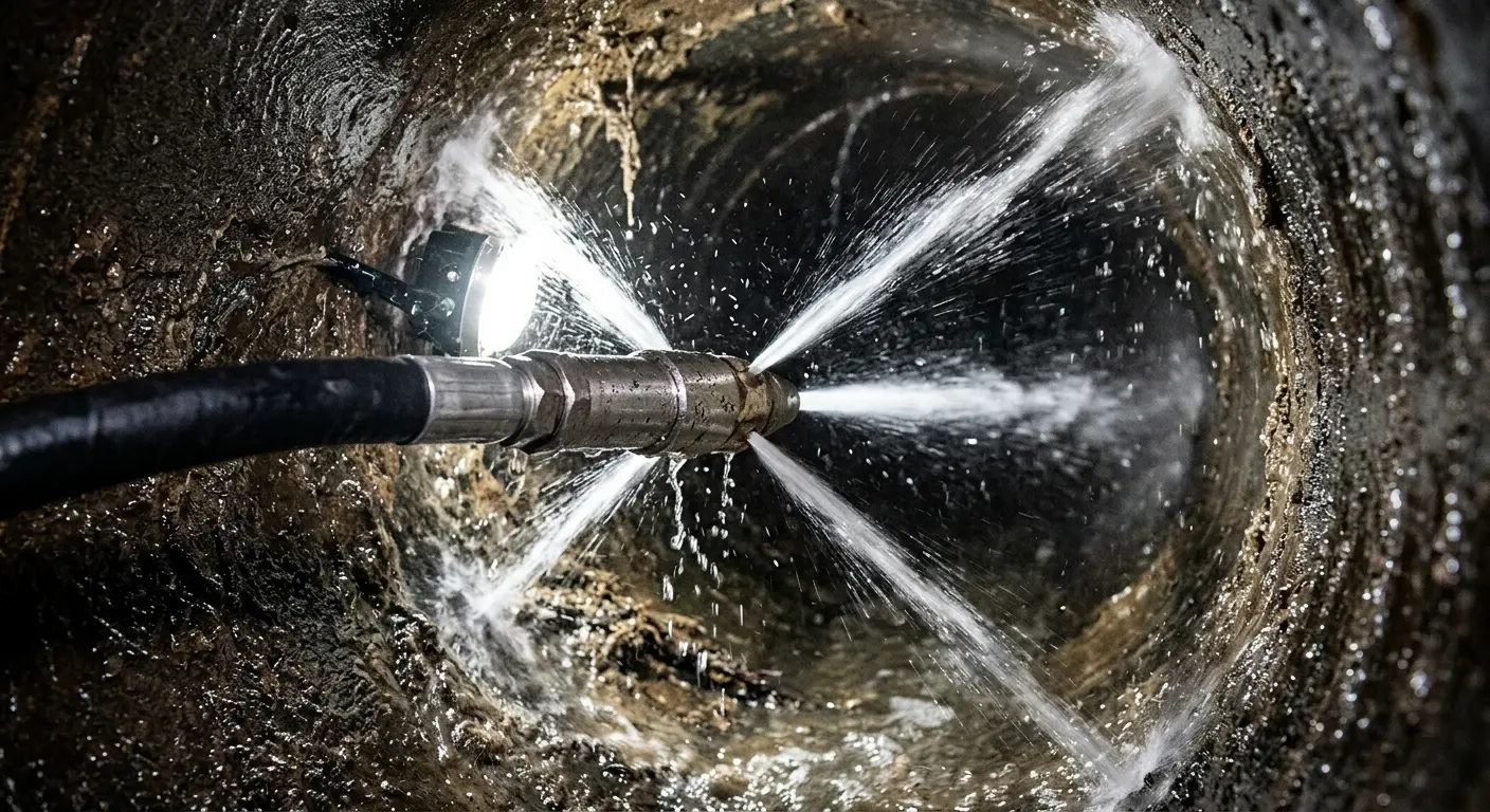 High-pressure hydro jetting nozzle cleaning sewer pipe for Trenchless Sewer Repair in South Pasadena