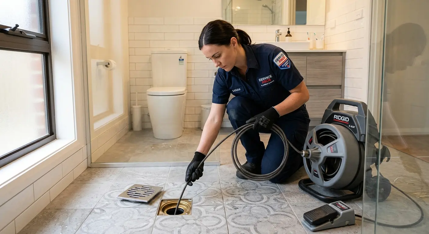 Technician clearing a bathroom floor drain for Clogged Drain Repair in South Pasadena